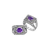 Elegant Sterling Silver Rectangular Amethyst Quartz Ring With Balinese Design